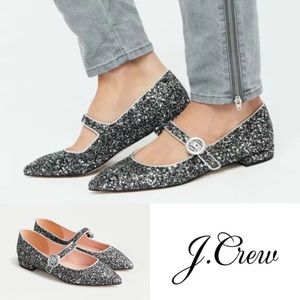 J. Crew Harlech Silver/Gunmetal Glitter Mary Janes